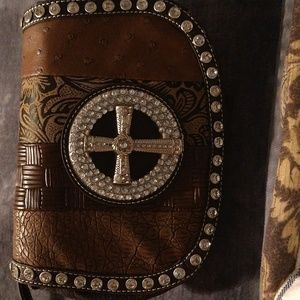 Brown patchwork cross bling purse